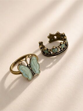 Vintage Green Butterfly and Floral Stackable Rings